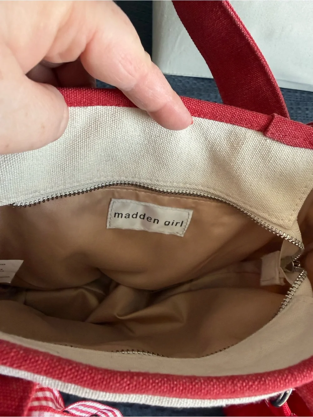 Madden Girl Red & Cream Canvas Kids Tote with Pom-Pom Charm